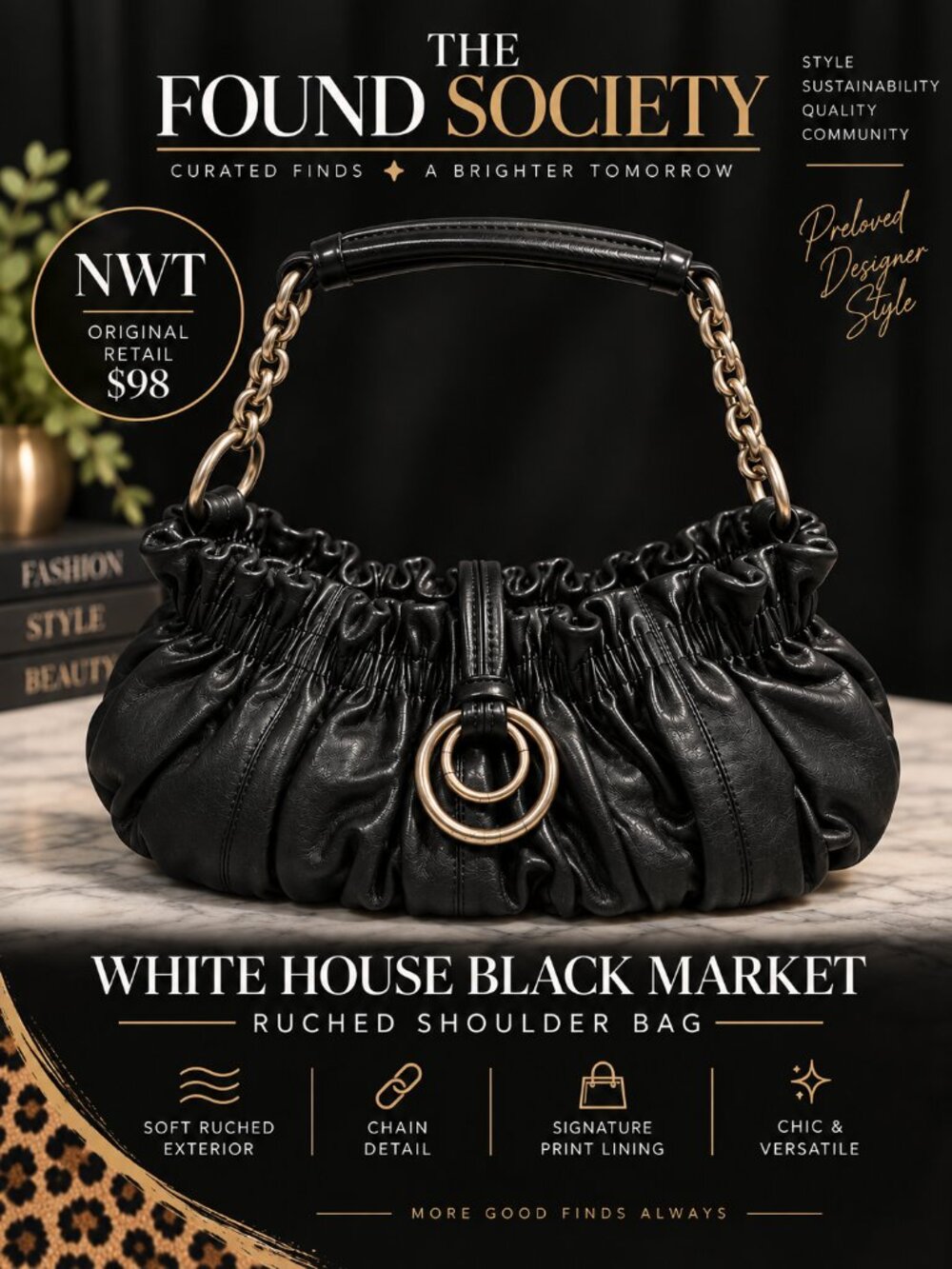 NWT White House Black Market Black Ruched Shoulder Bag $98